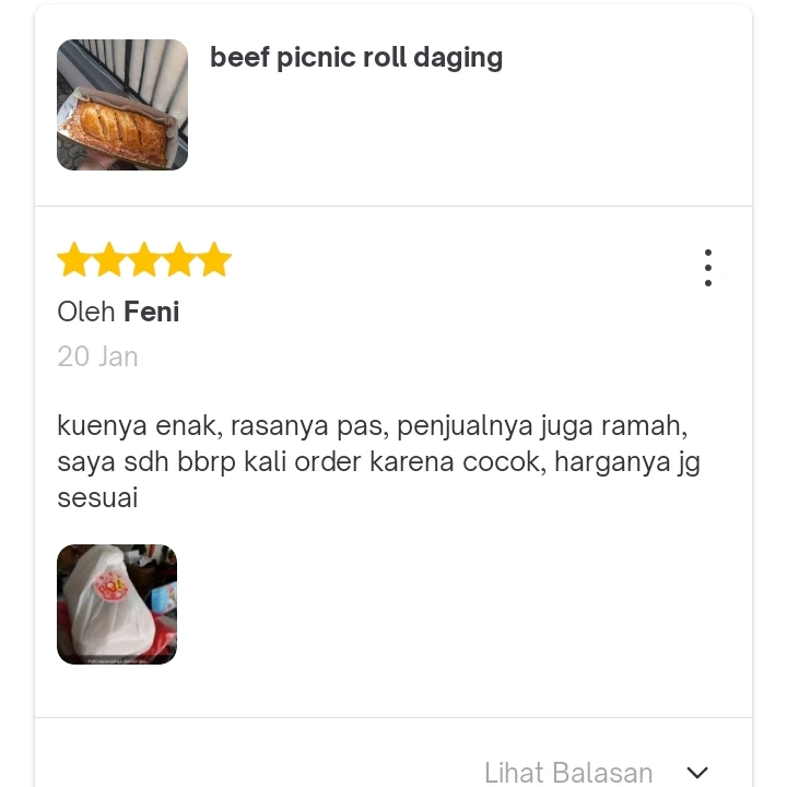 Screenshot testimoni pelanggan Nabila Shop tentang pesanan homemade
