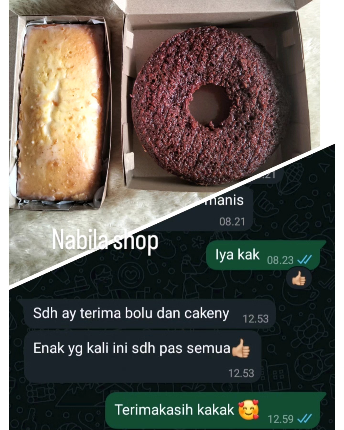 Screenshot testimoni pelanggan Nabila Shop via chat